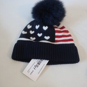 NWT Womens Tina Demel Navy Blue American Flag/Hearts Beanie W/Fox Fur Pom Pom